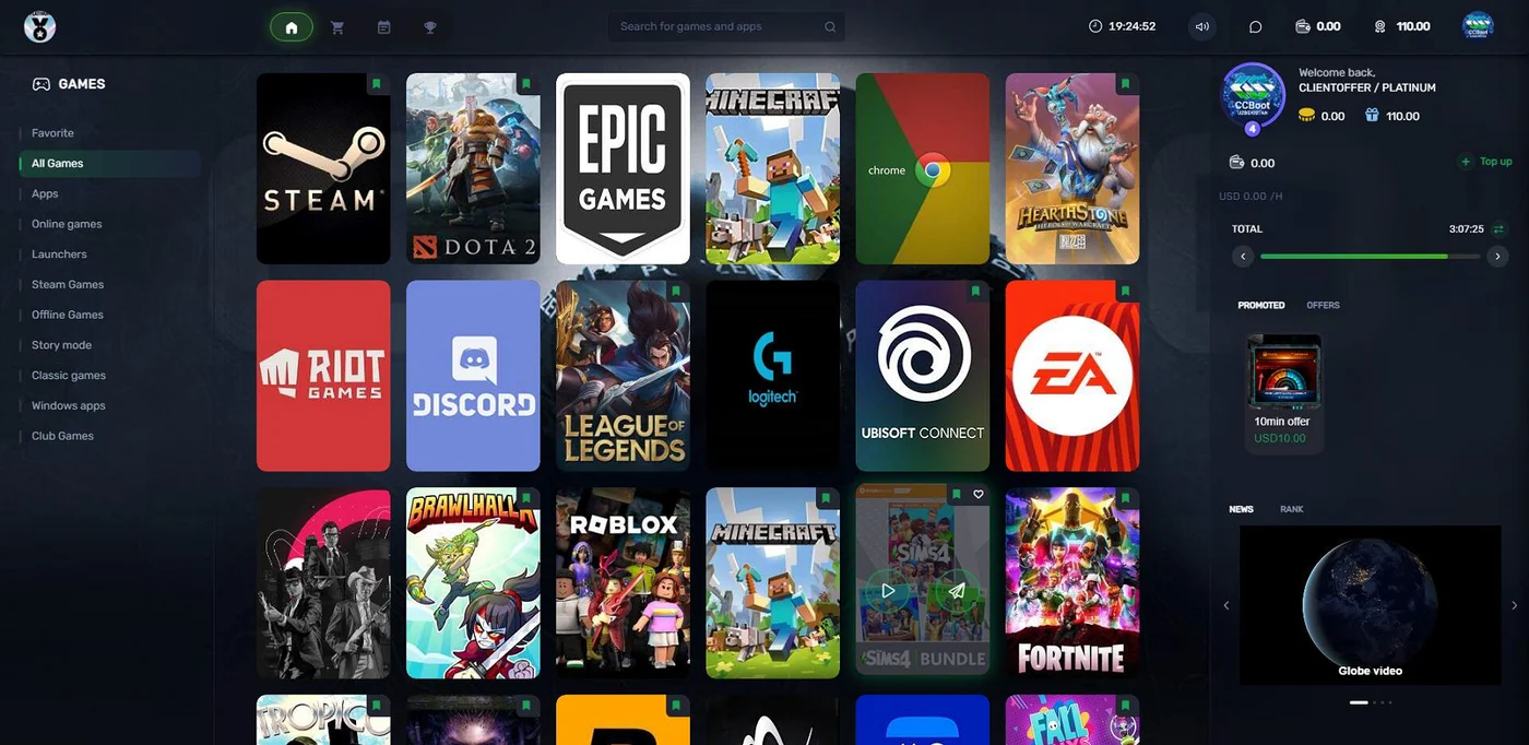 iCafeMenu game client showing the shared game library on a customer PC